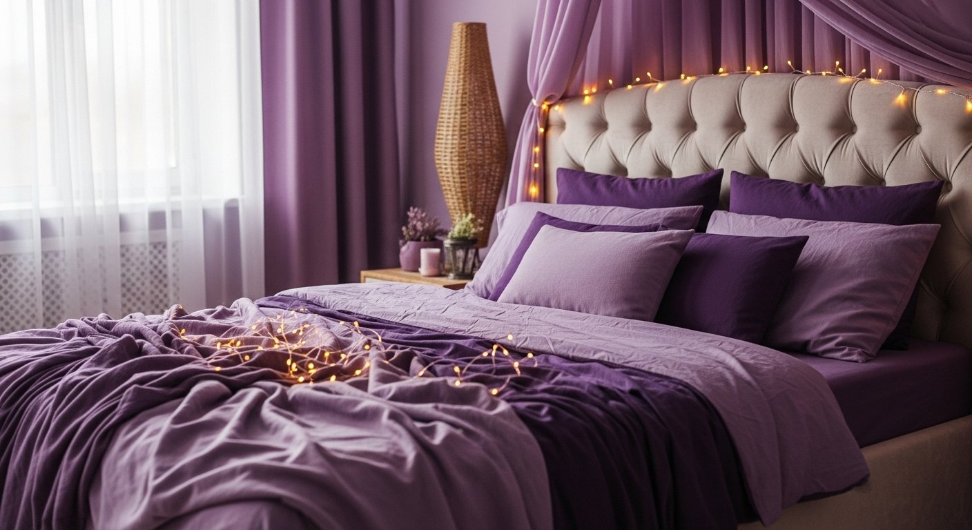 24 Magical Purple Bedroom Decor with Fairy Lights That Glow Beautifully